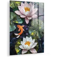 MuchoWow Glasschilderij 30x40 cm - Schilderij acrylglas - Glasstukjes - Leliebladeren - Vis - Oranje - Foto op glas - Muurdecoratie woonkamer - Wanddecoratie slaapkamer - Schilderijen