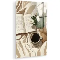 MuchoWow Glasschilderij 80x120 cm - Schilderij acrylglas - Boek - Illustratie - Tulpen - Koffie - Foto op glas - Muurdecoratie woonkamer - Wanddecoratie slaapkamer - Schilderijen