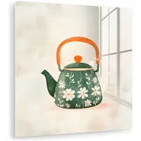 MuchoWow Glasschilderij 50x50 cm - Schilderij acrylglas - Theepot - Groen - Bloemen - Oranje - Foto op glas - Muurdecoratie woonkamer - Wanddecoratie slaapkamer - Schilderijen