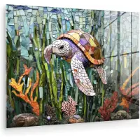MuchoWow Glasschilderij 80x60 cm - Schilderij acrylglas - Schildpad - Zeewier - Mozaïek - Foto op glas - Muurdecoratie woonkamer - Wanddecoratie slaapkamer - Schilderijen