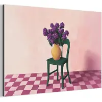 MuchoWow Aluminium schilderij 30x20 cm - Wanddecoratie metaal - Stoel - Vaas - Bloemen - Geblokt - Metalen muurdecoratie woonkamer - Decoratie industrieel - Foto op dibond - Industriële accessoires slaapkamer