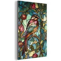 MuchoWow Aluminium schilderij 80x120 cm - Wanddecoratie metaal - Vogel - Tak - Rozen - Mozaïek - Metalen muurdecoratie woonkamer - Decoratie industrieel - Foto op dibond - Industriële accessoires slaapkamer