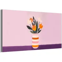 MuchoWow Aluminium schilderij 40x20 cm - Wanddecoratie metaal - Tulpen - Vaas - Strepen - Paars - Metalen muurdecoratie woonkamer - Decoratie industrieel - Foto op dibond - Industriële accessoires slaapkamer