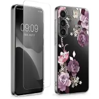 Kwmobile telefoonhoesje geschikt voor Samsung Galaxy A55 5G hoes - Telefoonhoesje voor smartphone - Telefoon cover - Met glazen schermbeschermer - Bloesems en rozen design