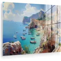 MuchoWow Glasschilderij 120x90 cm - Schilderij acrylglas - Kustdorp - Schilderij - Rotsen - Boten - Foto op glas - Muurdecoratie woonkamer - Wanddecoratie slaapkamer - Schilderijen
