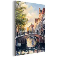 MuchoWow Aluminium schilderij 30x40 cm - Wanddecoratie metaal - Brug - Stad - Huizen - Boot - Metalen muurdecoratie woonkamer - Decoratie industrieel - Foto op dibond - Industriële accessoires slaapkamer