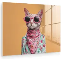 MuchoWow Glasschilderij 80x60 cm - Schilderij acrylglas - Zonnebril - Kat - Sjaal - Bloemen - Foto op glas - Muurdecoratie woonkamer - Wanddecoratie slaapkamer - Schilderijen