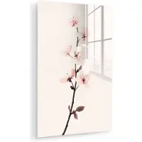 MuchoWow Glasschilderij 60x90 cm - Schilderij acrylglas - Minimalistisch - Bloesem - Tak - Roze - Foto op glas - Muurdecoratie woonkamer - Wanddecoratie slaapkamer - Schilderijen