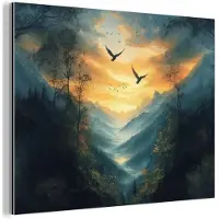 MuchoWow Aluminium schilderij 40x30 cm - Wanddecoratie metaal - Vogels - Zon - Bomen - Groen - Metalen muurdecoratie woonkamer - Decoratie industrieel - Foto op dibond - Industriële accessoires slaapkamer
