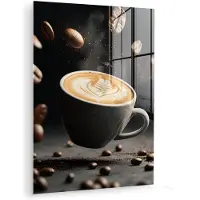 MuchoWow Glasschilderij 30x40 cm - Schilderij acrylglas - Cappuccino - Kop - Bonen - Bruin - Foto op glas - Muurdecoratie woonkamer - Wanddecoratie slaapkamer - Schilderijen