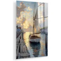 MuchoWow Glasschilderij 100x150 cm - Schilderij acrylglas - Zeilboot - Zon - Pier - Hout - Foto op glas - Muurdecoratie woonkamer - Wanddecoratie slaapkamer - Schilderijen