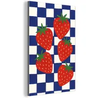 MuchoWow Aluminium schilderij 60x90 cm - Wanddecoratie metaal - Geblokt - Blauw - Aardbeien - Metalen muurdecoratie woonkamer - Decoratie industrieel - Foto op dibond - Industriële accessoires slaapkamer