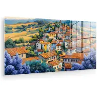 MuchoWow Glasschilderij 80x40 cm - Schilderij acrylglas - Dorp - Heuvels - Landschap - Bomen - Foto op glas - Muurdecoratie woonkamer - Wanddecoratie slaapkamer - Schilderijen