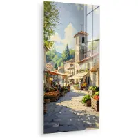 MuchoWow Glasschilderij 80x160 cm - Schilderij acrylglas - Dorp - Zon - Kraampjes - Huizen - Foto op glas - Muurdecoratie woonkamer - Wanddecoratie slaapkamer - Schilderijen