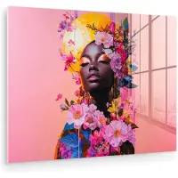 MuchoWow Glasschilderij 80x60 cm - Schilderij acrylglas - Kleurrijk - Bloemen - Vrouw - Zon - Foto op glas - Muurdecoratie woonkamer - Wanddecoratie slaapkamer - Schilderijen