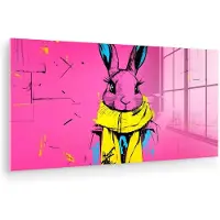 MuchoWow Glasschilderij 120x60 cm - Schilderij acrylglas - Konijn - Felroze - Sjaal - Abstract - Foto op glas - Muurdecoratie woonkamer - Wanddecoratie slaapkamer - Schilderijen