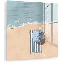 MuchoWow Glasschilderij 20x20 cm - Schilderij acrylglas - Strandlaken - Strepen - Parasol - Strand - Foto op glas - Muurdecoratie woonkamer - Wanddecoratie slaapkamer - Schilderijen