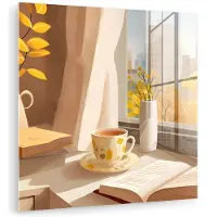 MuchoWow Glasschilderij 50x50 cm - Schilderij acrylglas - Thee - Boek - Thee - Herfst - Foto op glas - Muurdecoratie woonkamer - Wanddecoratie slaapkamer - Schilderijen