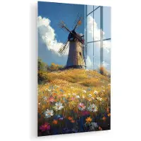 MuchoWow Glasschilderij 60x90 cm - Schilderij acrylglas - Windmolen - Heuvel - Bloemen - Kleurrijk - Foto op glas - Muurdecoratie woonkamer - Wanddecoratie slaapkamer - Schilderijen