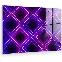 MuchoWow Glasschilderij 30x20 cm - Schilderij acrylglas - Ruiten - Neon - Paars - Foto op glas - Muurdecoratie woonkamer - Wanddecoratie slaapkamer - Schilderijen