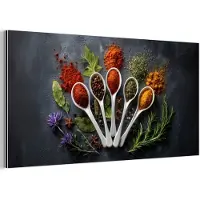 MuchoWow Aluminium schilderij 160x80 cm - Wanddecoratie metaal - Lepels - Wit - Poeder - Kruiden - Metalen muurdecoratie woonkamer - Decoratie industrieel - Foto op dibond - Industriële accessoires slaapkamer