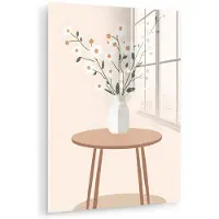 MuchoWow Glasschilderij 60x80 cm - Schilderij acrylglas - Vaas - Bloemen - Madeliefjes - Beige - Foto op glas - Muurdecoratie woonkamer - Wanddecoratie slaapkamer - Schilderijen