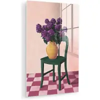 MuchoWow Glasschilderij 40x60 cm - Schilderij acrylglas - Stoel - Vaas - Bloemen - Geblokt - Foto op glas - Muurdecoratie woonkamer - Wanddecoratie slaapkamer - Schilderijen