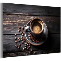 MuchoWow Aluminium schilderij 90x60 cm - Wanddecoratie metaal - Kop - Koffie - Hout - Bonen - Metalen muurdecoratie woonkamer - Decoratie industrieel - Foto op dibond - Industriële accessoires slaapkamer