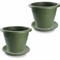 Forte Plastics 3x stuks bloempotten met onder opvangschaal in kleur donkergroen - rond diameter 30 cm - Plantenpotten/bakken