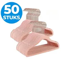 Acaza Kledinghangers - Kleerhangers - 50 Stuks - Baby/Kind/Kinderen - Anti Slip - Fluweel/Velvet - Lichtroze met Rose Haak
