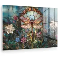 MuchoWow Glasschilderij 180x120 cm - Schilderij acrylglas - Libelle - Mozaïek - Bloemen - Kleurrijk - Foto op glas - Muurdecoratie woonkamer - Wanddecoratie slaapkamer - Schilderijen
