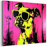 MuchoWow Aluminium schilderij 160x120 cm - Wanddecoratie metaal - Hond - Zonnebril - Roze - Art - Metalen muurdecoratie woonkamer - Decoratie industrieel - Foto op dibond - Industriële accessoires slaapkamer