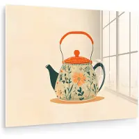 MuchoWow Glasschilderij 160x120 cm - Schilderij acrylglas - Oranje - Theepot - Bloemen - Bladeren - Foto op glas - Muurdecoratie woonkamer - Wanddecoratie slaapkamer - Schilderijen