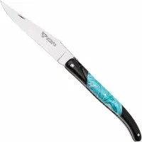 Laguiole En Aubrac Ebony, Larimar Inlay, Handcarved Plates, zakmes, 12 cm