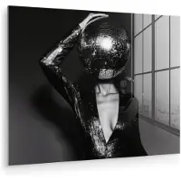 MuchoWow Glasschilderij 160x120 cm - Schilderij acrylglas - Discobal - Gezicht - Glamour - Zwart - Foto op glas - Muurdecoratie woonkamer - Wanddecoratie slaapkamer - Schilderijen