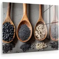 MuchoWow Glasschilderij 160x120 cm - Schilderij acrylglas - Houten - Lepels - Rijst - Zaden - Foto op glas - Muurdecoratie woonkamer - Wanddecoratie slaapkamer - Schilderijen