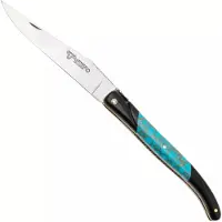 Laguiole En Aubrac Ebony, Turquoise Gold Inlay, Handcarved Brass Plates, zakmes, 12 cm