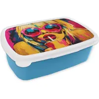 MuchoWow Broodtrommel Blauw - Lunchbox Zonnebril - Roze - Vrouw - Rietje - Brooddoos 18x12x6 cm - Brood lunch box - Broodtrommels voor kinderen en volwassenen