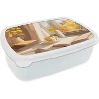 MuchoWow Broodtrommel Wit - Lunchbox Thee - Boek - Thee - Herfst - Brooddoos 18x12x6 cm - Brood lunch box - Broodtrommels voor kinderen en volwassenen