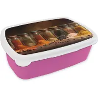 MuchoWow Broodtrommel Roze - Lunchbox Potjes - Kruiden - Specerijen - Korrels - Brooddoos 18x12x6 cm - Brood lunch box - Broodtrommels voor kinderen en volwassenen