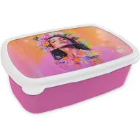 MuchoWow Broodtrommel Roze - Lunchbox Portret - Bloemenkroon - Vrouw - Brooddoos 18x12x6 cm - Brood lunch box - Broodtrommels voor kinderen en volwassenen