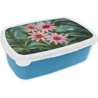 MuchoWow Broodtrommel Blauw - Lunchbox Bloemen - Roze - Glasmozaïek - Brooddoos 18x12x6 cm - Brood lunch box - Broodtrommels voor kinderen en volwassenen