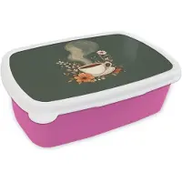 MuchoWow Broodtrommel Roze - Lunchbox Kop - Bloemen - Groen - Koffie - Brooddoos 18x12x6 cm - Brood lunch box - Broodtrommels voor kinderen en volwassenen