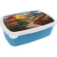 MuchoWow Broodtrommel Blauw - Lunchbox Mozaïek - Zon - Landschap - Dorp - Brooddoos 18x12x6 cm - Brood lunch box - Broodtrommels voor kinderen en volwassenen