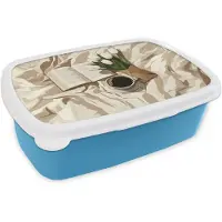 MuchoWow Broodtrommel Blauw - Lunchbox Boek - Illustratie - Tulpen - Koffie - Brooddoos 18x12x6 cm - Brood lunch box - Broodtrommels voor kinderen en volwassenen