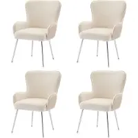 Merax Fluwelen eetkamerstoel - set van 4 - woonkamer - slaapkamer - loungestoel - met armleuningen en verstelbare poten - lendensteun - beige en zilver