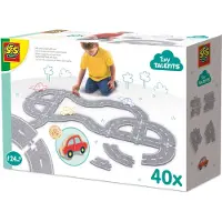 SES Creative – Tiny Talents - Vilten Wegenbouw 40 Stuks met Auto - Speelset voor Kinderen vanaf 24 Maanden - Personaliseer je wegen met rechte stukken en bochten - Inclusief een houten auto