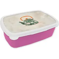MuchoWow Broodtrommel Roze - Lunchbox Theepot - Groen - Bloemen - Oranje - Brooddoos 18x12x6 cm - Brood lunch box - Broodtrommels voor kinderen en volwassenen