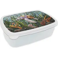 MuchoWow Broodtrommel Wit - Lunchbox Schildpad - Zeewier - Mozaïek - Brooddoos 18x12x6 cm - Brood lunch box - Broodtrommels voor kinderen en volwassenen