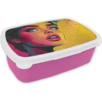 MuchoWow Broodtrommel Roze - Lunchbox Close-up - Vrouwengezicht - Stippen - Geel - Brooddoos 18x12x6 cm - Brood lunch box - Broodtrommels voor kinderen en volwassenen